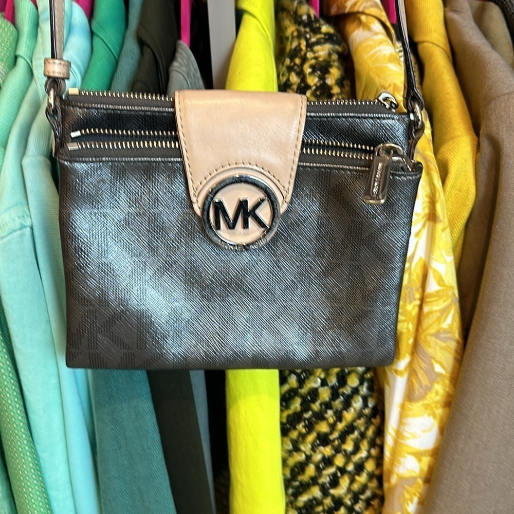 Michael Kors cream and metallic gray monogram mini crossbody bag